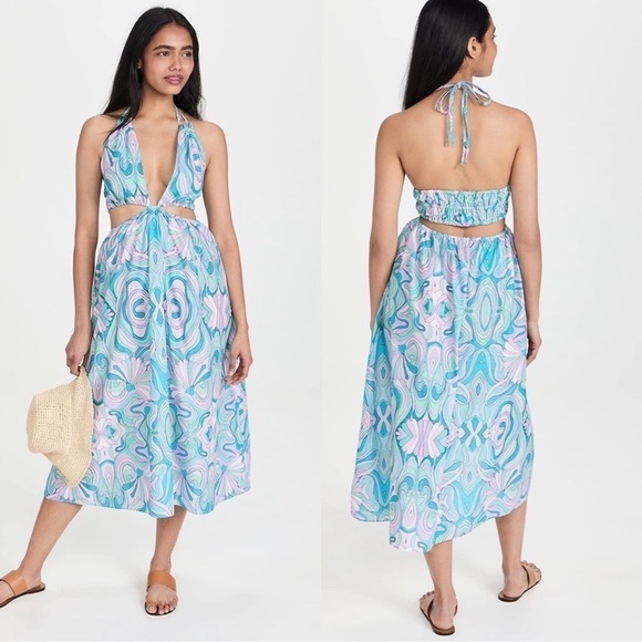 NWT PLAYA LUCILA Cutout Halter Printed Dress Green Small - Picture 1 of 5